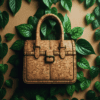 A Close-Up Of An Ecologically Conscious Cork Handbag With A Distinctive Cork Texture, Positioned Against A Backdrop Of Lush Green Plants.