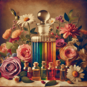 A Glass Bottle Filled With Colorful Essential Oils Surrounded By Blooming Flowers In A Vintage Still Life Scene.
