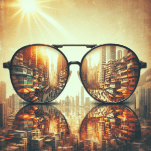 A Pair Of Vintage Sunglasses Reflecting A Vibrant Cityscape With A Mix Of Modern And Nostalgic Buildings And Bustling Streets.