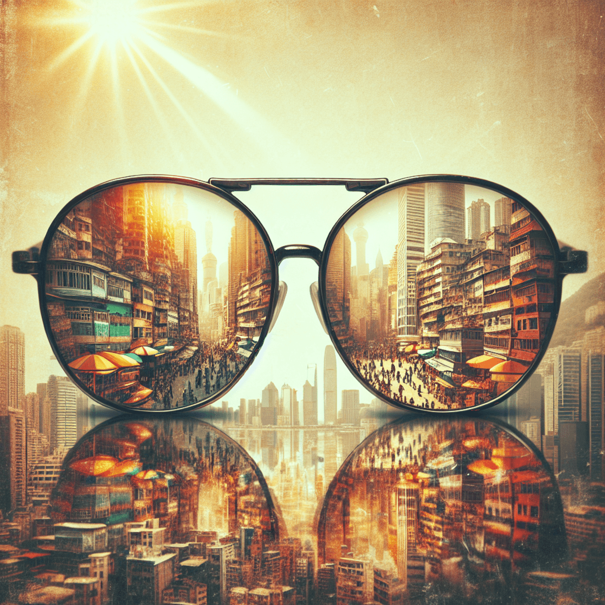 A pair of vintage sunglasses reflecting a vibrant cityscape with a mix of modern and nostalgic buildings and bustling streets.