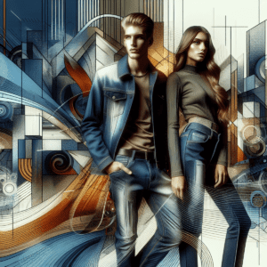 Abstract Image Of Two Fashionable Young Adults, One Caucasian And One Hispanic, Wearing Modern High-End Jeans, Set Against A Vibrant Urban Backdrop Fi