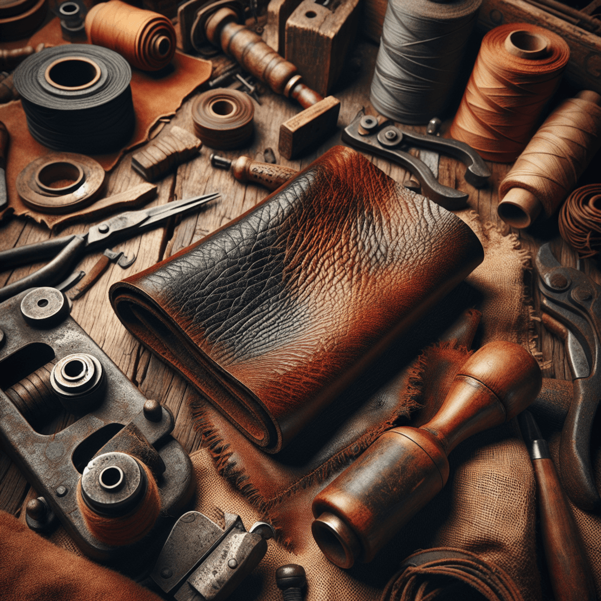 Close-up of Crazy Horse leather showcasing its rich texture, natural grain, and warm patina, set against a rustic workshop background filled with leat