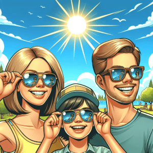 A Vibrant Cartoon-Style Image Depicting A Sunny Outdoor Scene With A Caucasian Woman, An Asian Man, And A Hispanic Boy, All Wearing Stylish Sunglasses