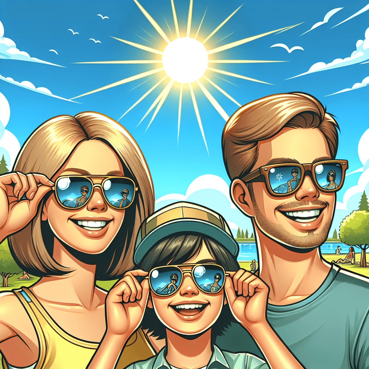 A vibrant cartoon-style image depicting a sunny outdoor scene with a Caucasian woman, an Asian man, and a Hispanic boy, all wearing stylish sunglasses