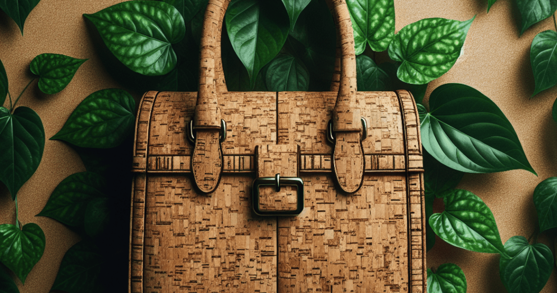 A close-up of an ecologically conscious cork handbag with a distinctive cork texture, positioned against a backdrop of lush green plants.