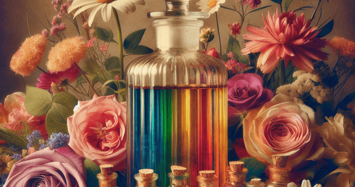 A glass bottle filled with colorful essential oils surrounded by blooming flowers in a vintage still life scene.