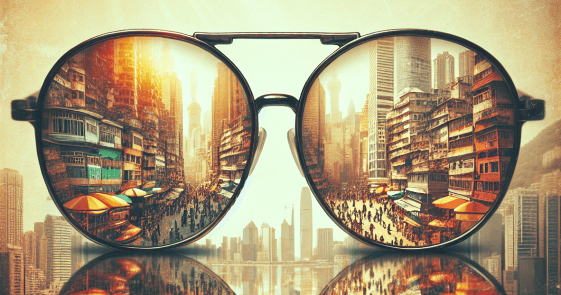 A pair of vintage sunglasses reflecting a vibrant cityscape with a mix of modern and nostalgic buildings and bustling streets.