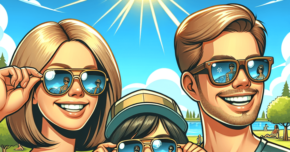 A vibrant cartoon-style image depicting a sunny outdoor scene with a Caucasian woman, an Asian man, and a Hispanic boy, all wearing stylish sunglasses