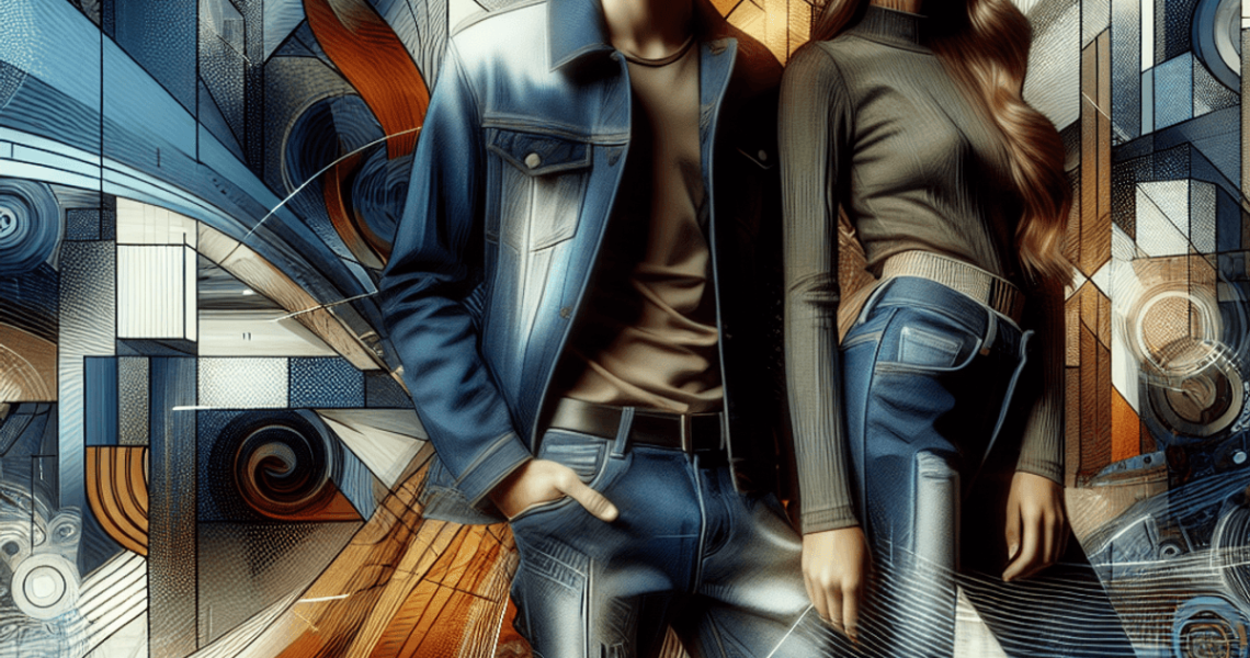 Abstract image of two fashionable young adults, one Caucasian and one Hispanic, wearing modern high-end jeans, set against a vibrant urban backdrop fi